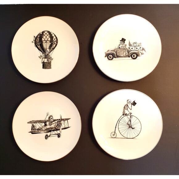 Halloween Eaton Fine Dining 4 pc Appetizer Plates Bone Voyage White Black New - Picture 1 of 15